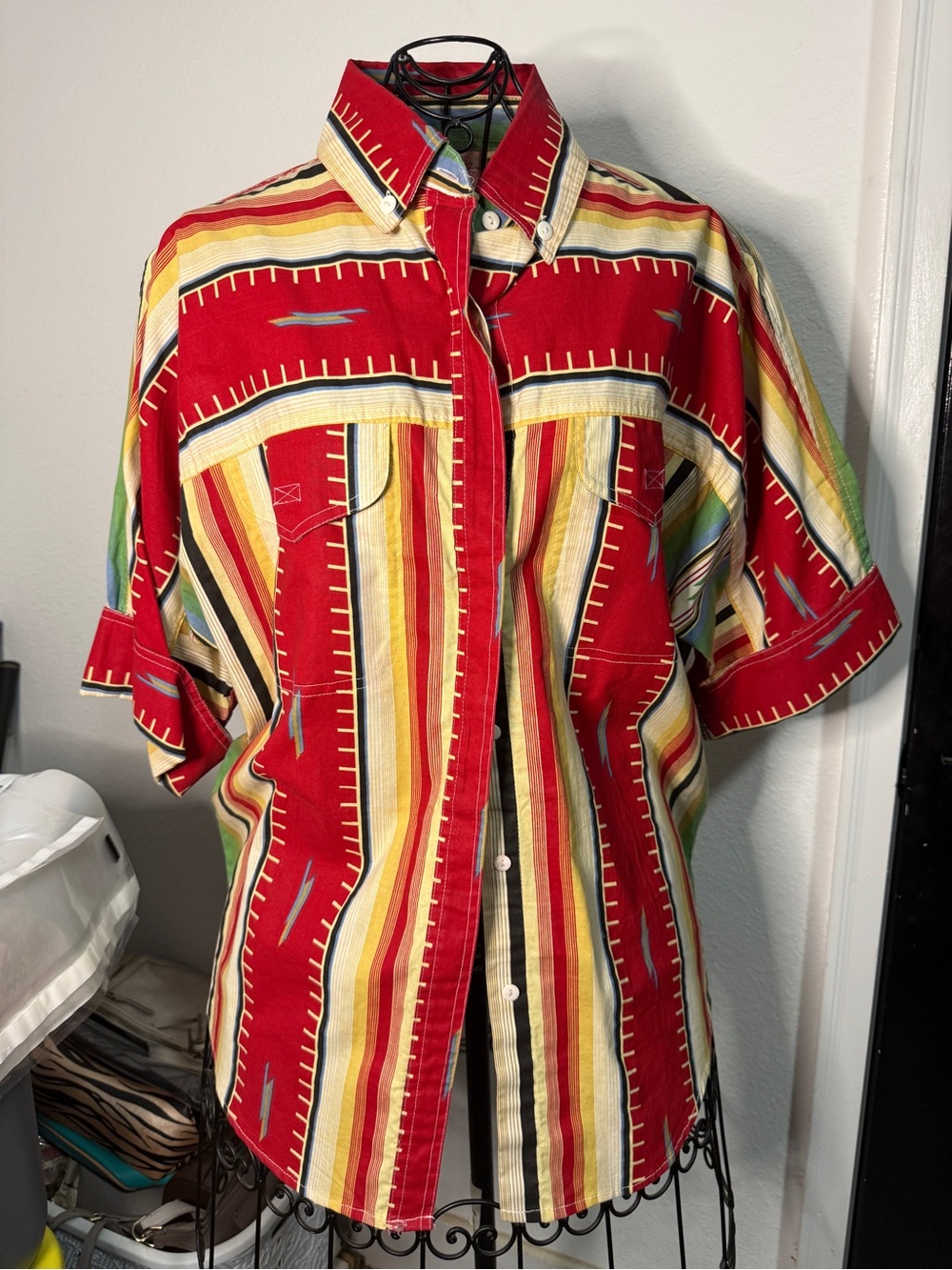 Vtg Pennylove Women's Aztec Multicolor Striped Button-Down Shirt size L